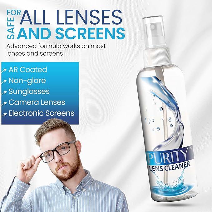 Purity Eyeglass Cleaner Mega Pack - Multi-Size Lens Cleaner Kit - 2x2oz, 3x8oz Bottles + 5 Black Premium Microfiber Cloths - Safe for All Lenses, Eyeglasses, and Screens - Streak-Free Formula - NeatNest