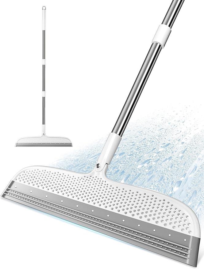 Silicone Floor Squeegee & Broom – Long Handle Hair Remover for Water, Pet Hair – for Bathroom, Tile, Concrete, Garage, Deck, Glass – Indoor Outdoor Cleaning Tool – White - NeatNest