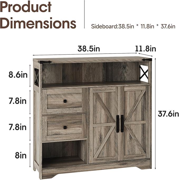 Fameill Farmhouse Storage Cabinet with Drawers and Open Storage,Freestanding Kitchen Pantry with 2 Barn Doors, Floor Cabinet with Adjustable Shelf for Living Room,Grey - NeatNest
