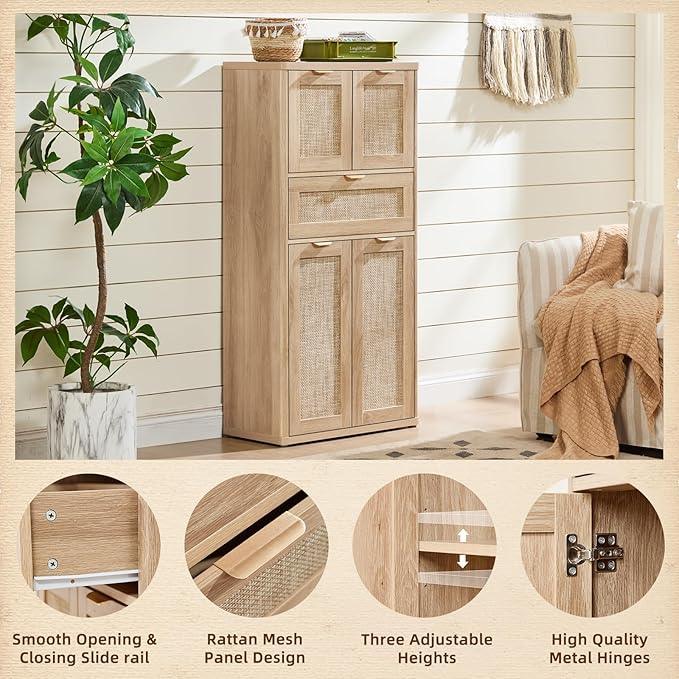 LEYAOYAO 48" Tall Storage Cabinet,Rattan Bathroom Floor Cabinets with 4 Doors & 1Drawer,Boho Kitchen Pantry with Adjustable Shelves,Wooden Cupboard for Living Room,Home Office,Dining,Natural Wood - NeatNest