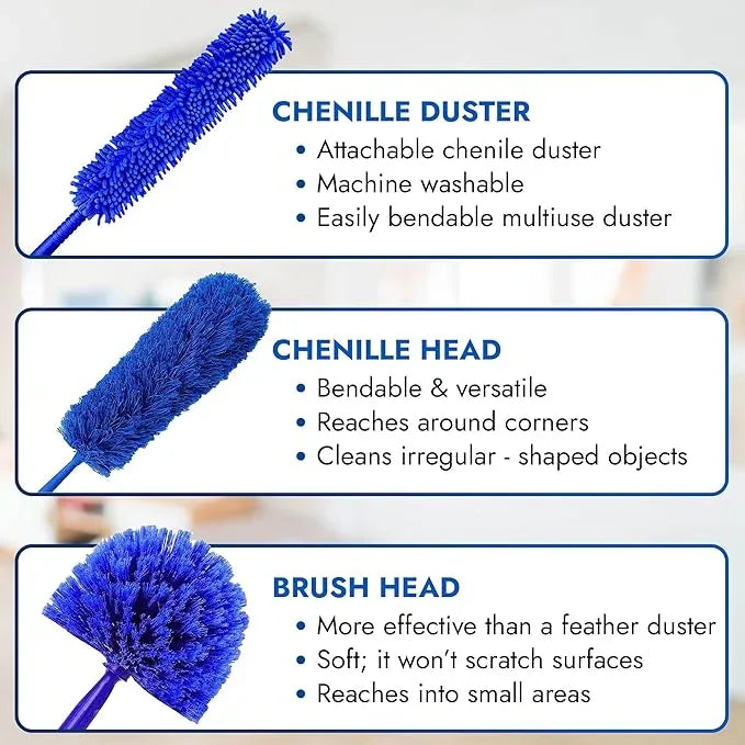 Webster Cobweb Duster and Spider Web Kit, Reach High Ceilings 18 To 20 Foot With Extension Pole and 3 Multi Use Heads - NeatNest