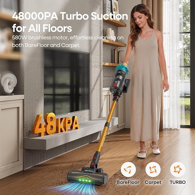 ElecKeys Cordless Vacuum Cleaner, 600W 50KPA 70Mins Self-Standing Vacuum Cleaners for Home, Stick Vacuum with Touch Screen, Upgraded Anti-Tangled Vacuum Cordless for Pet Hair, Floors, Carpets, Gold - NeatNest