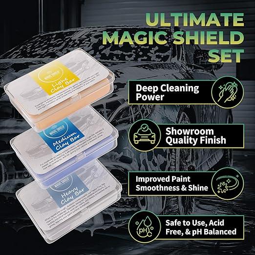 Magic Shield Clay Bar Triple Pack - 100g Each of Light, Medium & Heavy-Duty Clay Bars for Car Detailing - Deep Cleaning & Shine Restoration with Magic Clay Bars for Professional Auto Detailing - NeatNest