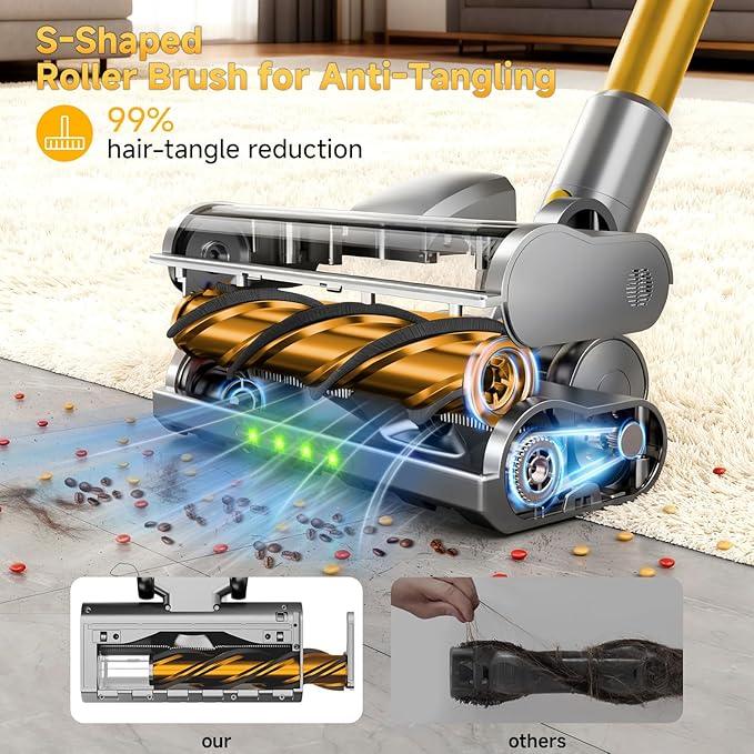 Cordless Stick Vacuum Cleaner - 45KPA Powerful Suction Vacuum with 45 Min Runtime, Detachable Battery, Anti-Tangle & 1.5L Dust Cup, 8 in 1 Vacuum Cleaner for Pet Hair, Carpet, HardFloor, Yellow - NeatNest