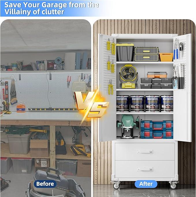 SUXXAN Rolling Storage Cabinet with 2 Doors and 2 Drawers, Heavy Duty Metal Storage Cabinet with Shelves, Locking Steel Cabinet for Warehouse, Home, Office (White) - NeatNest