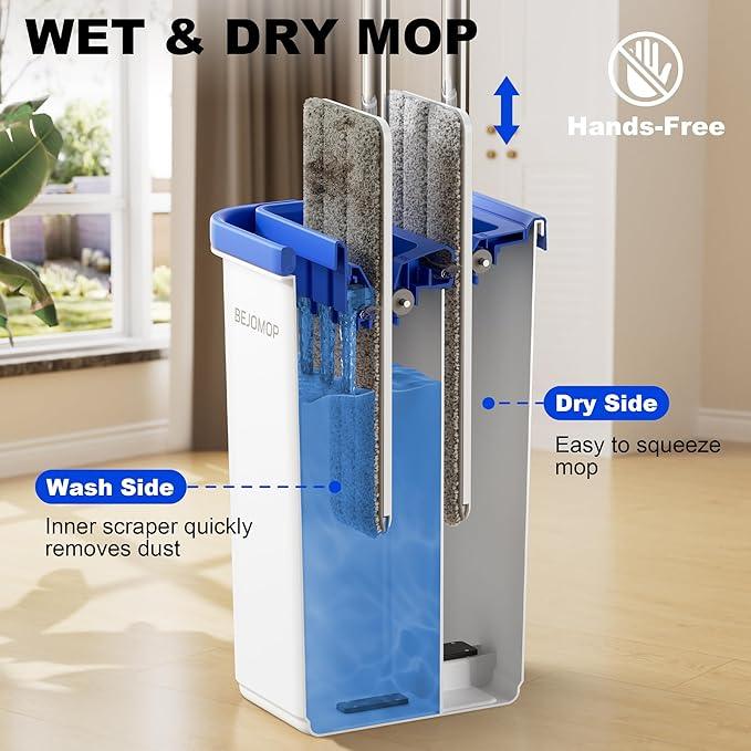 Mop and Bucket Set with Wringer, Dry & Wet Dust Mop for Household Floor Cleaning with 5 Microfiber Mops, Flat Squeeze Spin Wall Mop Cleaner with Long Handle, Slate Blue - NeatNest