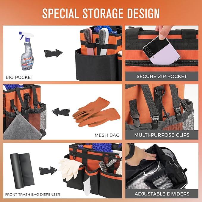 Wearable Cleaning Caddy, Cleaning Caddy Supplies Organizer with Handle & Shoulder Straps for Housekeepers, Under Sink & Car Cleaning Tool Organizers Bag with 4 Foldable Divider (RetroOrange) - NeatNest