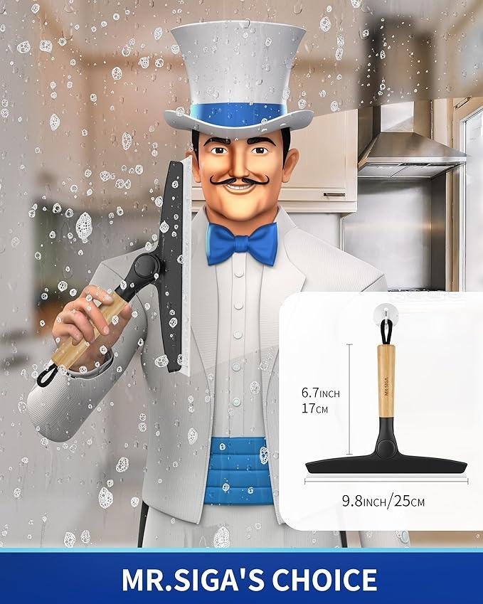 MR.SIGA All Purpose Silicone Squeegee for Shower Door, Mirror, Glass, Streak Free Shower Squeegee, Pivoting Bamboo Handle, Includes 1 Suction Hook, 10 inch Wide, Black, 1 Pack - NeatNest