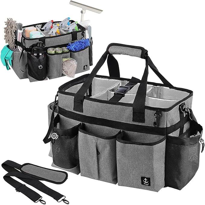 Large Cleaning Caddy Bag Built-in Sturdy Support Board, Cleaning Organizer with Detachable Divider, Cleaning Supply Tote with Adjustable Shoulder Strap&Waist Belt for Cleaners & Housekeeper - NeatNest