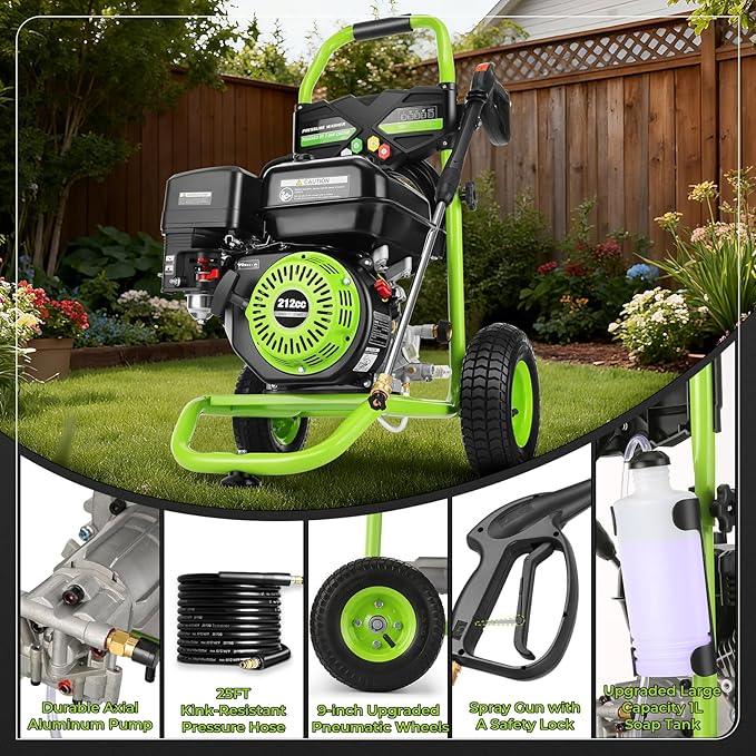 4200 PSI Gas Pressure Washer, 4.0 Max GPM 212CC 7HP Commercial Gas Power Washer, Spray Gun and Wand, 5 Nozzle Set, for Cars/Fences/Driveways/Homes/Patios/Furniture (Green) - NeatNest