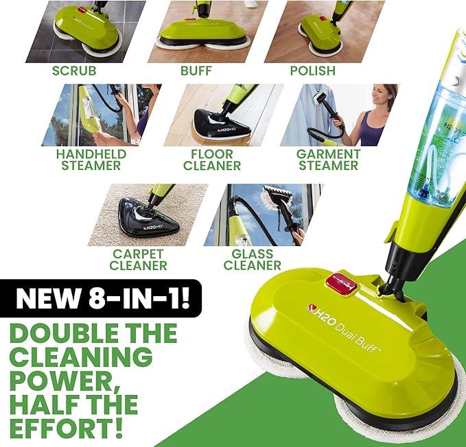 H2O HD Dual Buff Steam Mop, 8 in 1 Handheld Steam Cleaner For Kitchen Tile Floors, Hardwood Floors, Grout Cleaner, Upholstery Cleaner and Carpets, 2 washable scrub pads, 8 cleaning accessories - NeatNest