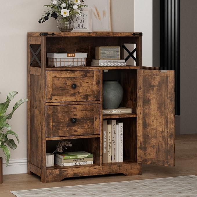 Fameill Farmhouse Storage Cabinet with 2 Drawers & Shelves,Freestanding Kitchen Cabinet with Doors,Floor Storage Organization for Living Room,Bathroom,Laundry,Brown - NeatNest