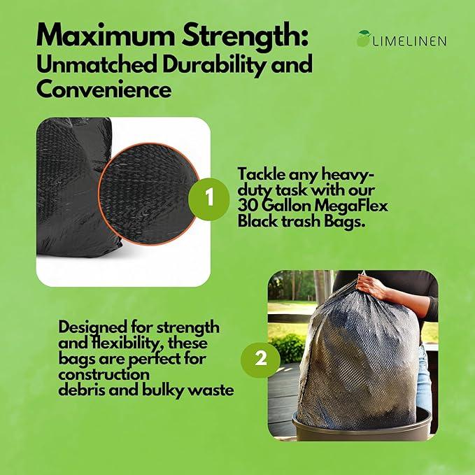 Mighty Flex 30 Gallon Trash Bags Drawstring, 400ct Heavy-Duty Large Garbage Bags, Ultra-Flexible, Leak and Odor-Resistant Plastic Garbage Bags for Home and Commercial Use, Unscented (Black) - NeatNest