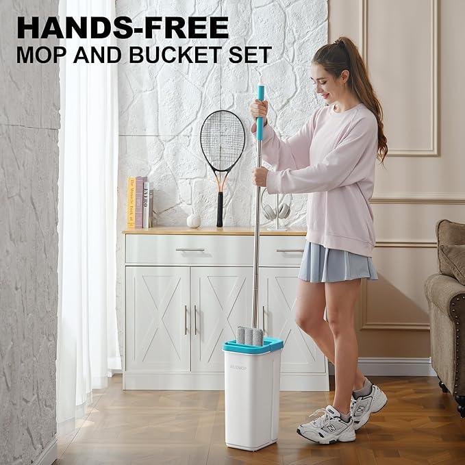Mop and Bucket Set with Wringer, Dry & Wet Wall Mop Cleaner with Long Handle, Flat Squeeze Spin Dust Mop for Household Floor Cleaning with 4 Microfiber Mops, Turquoise-Cyan - NeatNest