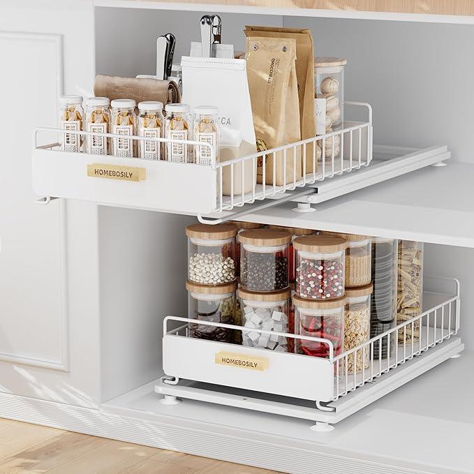 Under Sink Organizer, 2 Pack Pull Out Kitchen Cabinet Organizer, Mute Slide-Out Under Sink Organizers and Storage, Metal Kitchen Bathroom Organizers and Storage Shelves, White - NeatNest