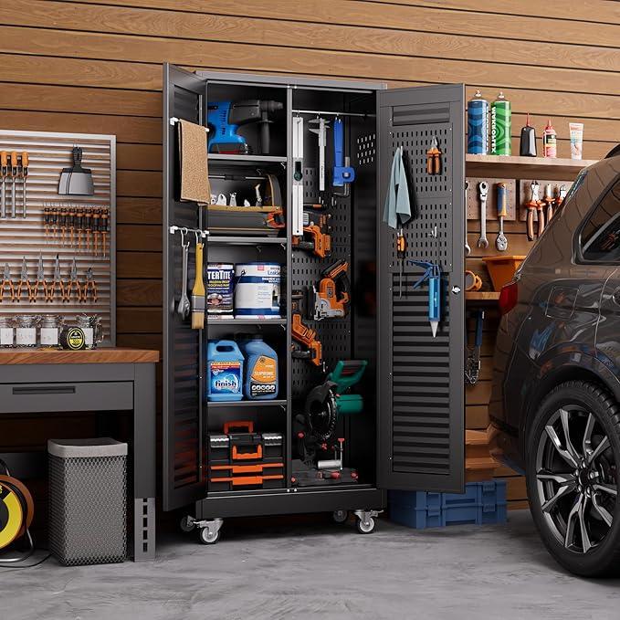 SUXXAN Broom Closet with Wheels 71"x 31.5"x15.75", Metal Cleaning Cabinets with Louvered Doors Hooks and Hanging Rods, Lockable Cabinet with Pegboard, Adjustable Shelf,for Garage, Laundry Room - NeatNest