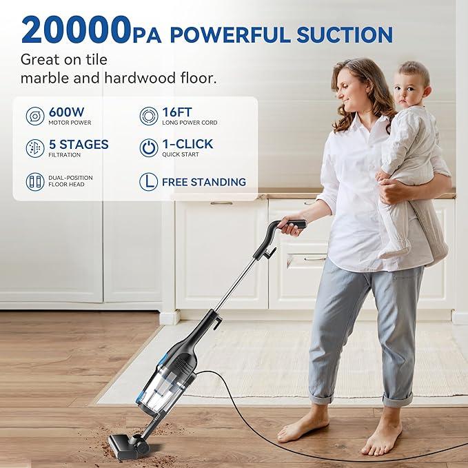 Vazone R6X Corded Stick Vacuum Cleaners for Home, 20Kpa Powerful Suction Stick Vacuum with 16Ft Cord, 2 in 1 Lightweight Handheld Vacuum Cleaner for Hardwood Floor Pet Hair - NeatNest