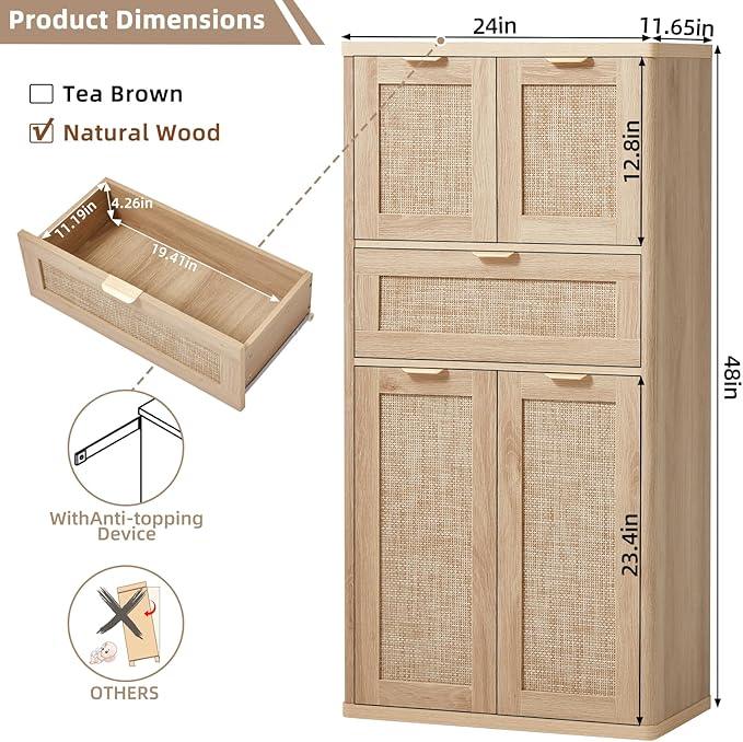 LEYAOYAO 48" Tall Storage Cabinet,Rattan Bathroom Floor Cabinets with 4 Doors & 1Drawer,Boho Kitchen Pantry with Adjustable Shelves,Wooden Cupboard for Living Room,Home Office,Dining,Natural Wood - NeatNest