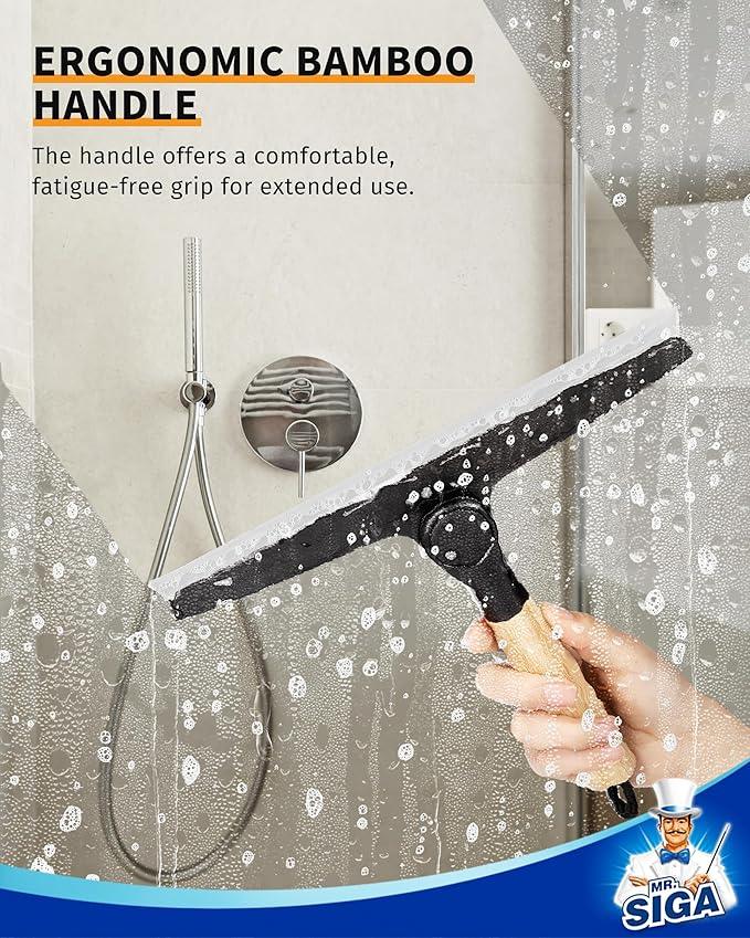 MR.SIGA All Purpose Silicone Squeegee for Shower Door, Mirror, Glass, Streak Free Shower Squeegee, Pivoting Bamboo Handle, Includes 1 Suction Hook, 10 inch Wide, Black, 1 Pack - NeatNest
