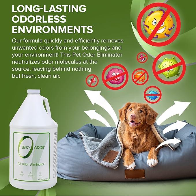 Zero Odor - Pet Odor Eliminator for strong odor, Eliminate Air & Surface Odors – Patented Molecular Technology Best For Carpet, Furniture, Beds Smell Great Again (128 Ounces) - NeatNest