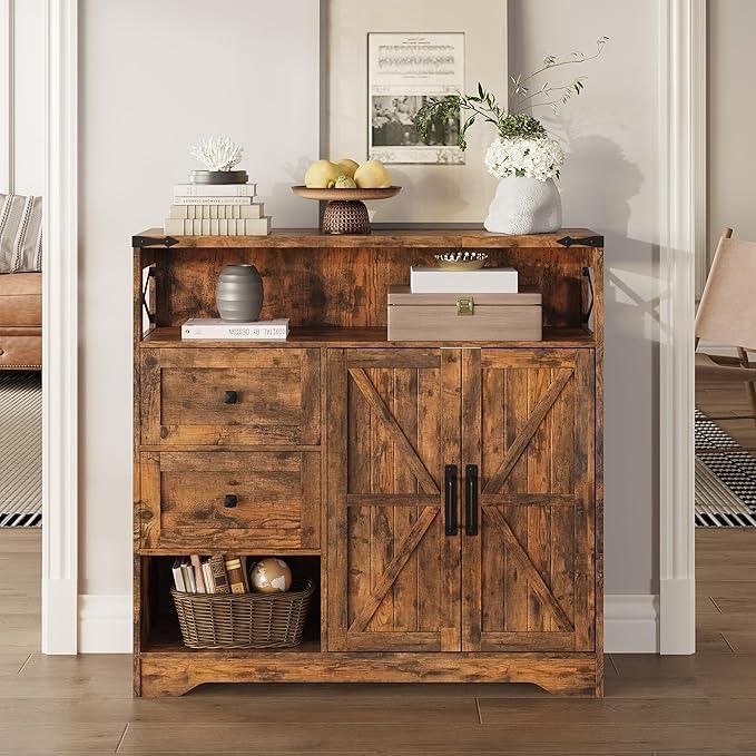 Fameill Farmhouse Storage Cabinet with Drawers and Open Storage,Freestanding Kitchen Pantry with 2 Barn Doors, Floor Cabinet with Adjustable Shelf for Living Room,Brown - NeatNest