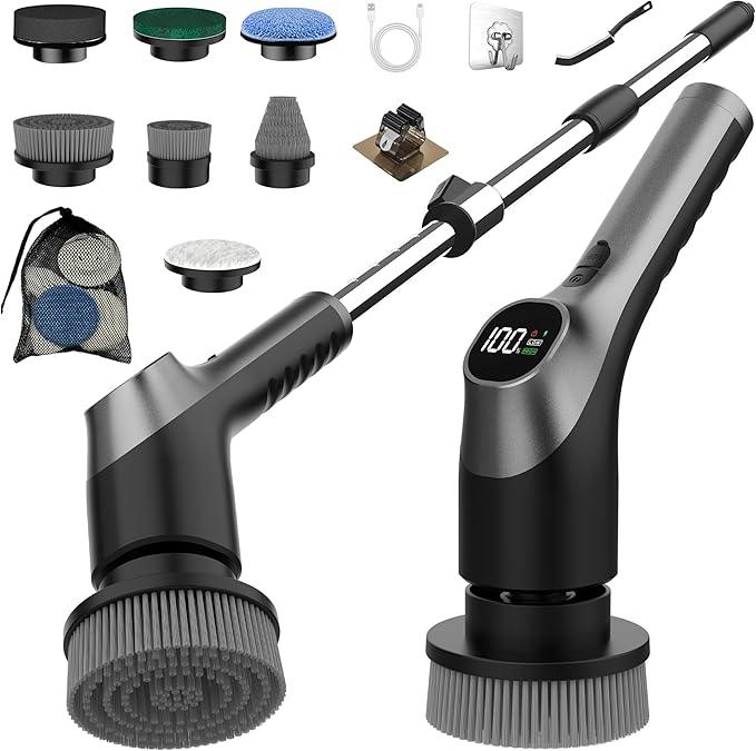 Electric Spin Scrubber, Shower Scrubber with Long Handle Adjustable LCD Display, 2 Speed Shower Cleaner, 7 Replaceable Brush Heads Bathroom Cleaning Brush, Bath Tub Power Scrubbers Black G3 - NeatNest