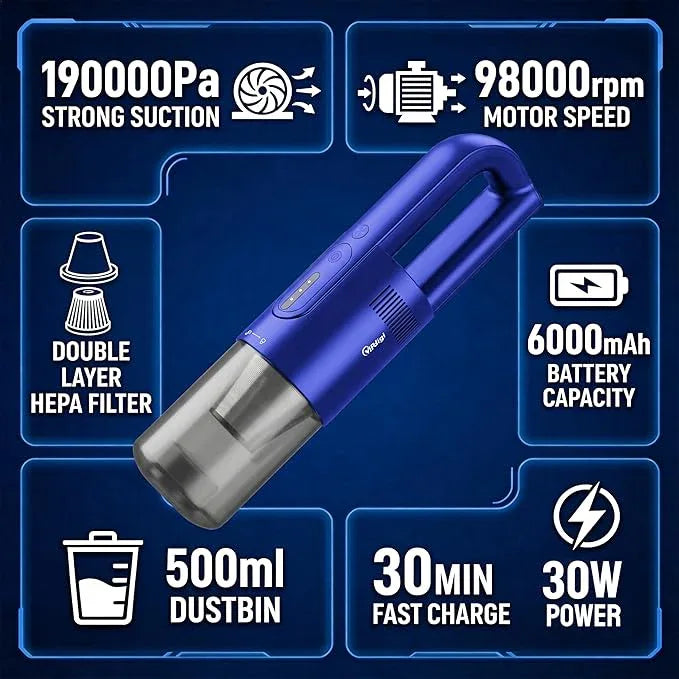Handheld Vacuum Cordless, 5-in-1 Car Vacuum Portable Cordless 30 Mins Rapid Rechargeable Hand Vacuum Brushless Motor 19000Pa Strong Suction, Dust Busters for Car Home with 4 Nozzles, Blue - NeatNest