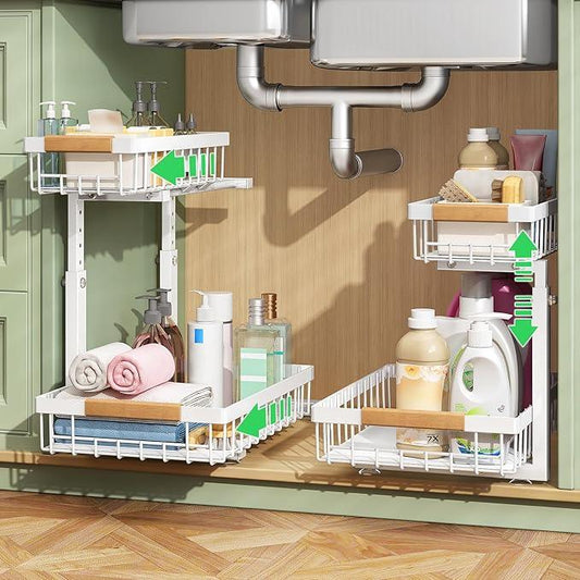 Pull out Cabinet Organizer, 1 Pack Under Sink Organizer, Slide out Metal Kitchen Cabinet Organizers Drawer Shelf, Sliding Storage Shelves for Kitchen Bathroom Pantry Closet Organization Rack(White) - NeatNest