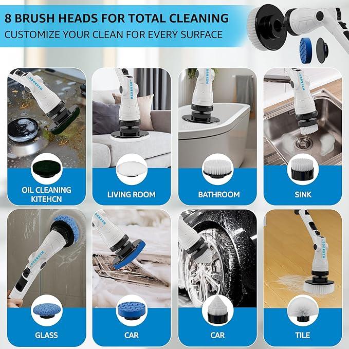 Electric Spin Scrubber – Cordless Power Cleaner with 8 Brush Heads, Long Adjustable Handle, 3 Speed for Deep Bathroom, Tile, Floor & Tub Cleaning, 6-Angle Adjustable - NeatNest
