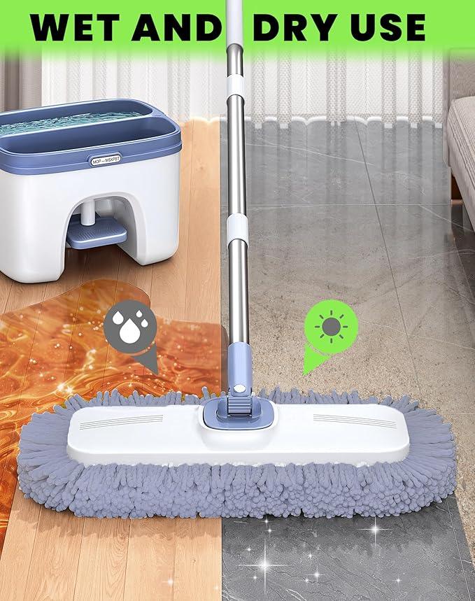 Flat Microfiber Mop and Bucket Set with Wringer, 360° Spin Mop for Floor & Wall Cleaning, 17.7x9in Wide Head, 4 Washable Pads, Hands-Free - NeatNest