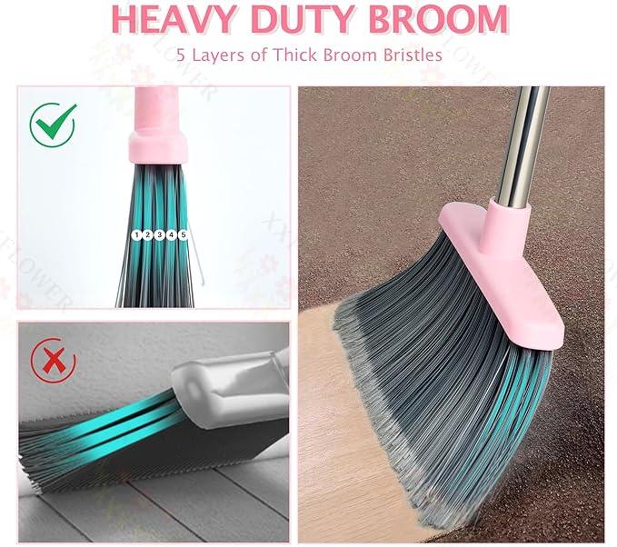 Broom and Dustpan Set, Dustpans with Broom Combo for Home, Heavy Dust Broom and Dustpan Combo, Long Handle Dust Pan and Broom Set for Kitchen, Office, Pet Hair(Gray Pink) - NeatNest