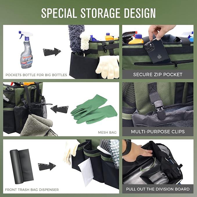 Wearable Cleaning Caddy Organizer with Handle & Shoulder Straps for Housekeepers, Under Sink & Car Cleaning Tool Organizer Bag with 4 Foldable Dividers (Green) - NeatNest