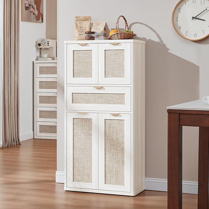 LEYAOYAO 48" Tall Storage Cabinet,Rattan Bathroom Floor Cabinets with 2 Doors & 1Drawer,Boho Kitchen Pantry with Adjustable Shelves,Wooden Cupboard for Living Room,Home Office,Dining,White Cream Oak - NeatNest