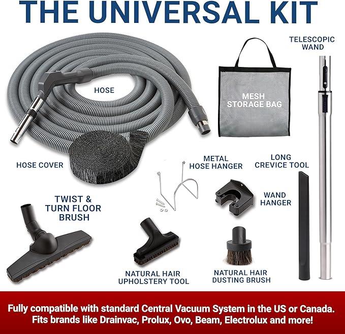 Central Vac System Bare Floor Attachment Set for Cleaning Hardwood Floors Furniture & Draperies - Includes 30FT Crushproof Hose, Dusting Brush, Upholstery & Crevice Tool, Wand, Mesh Storage Bag & More - NeatNest