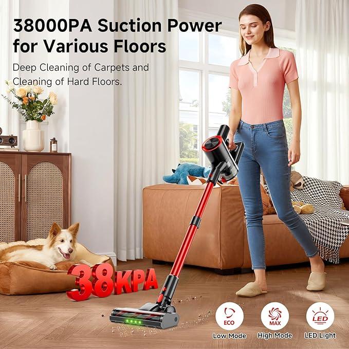 Cordless Stick Vacuum Cleaner, 38Kpa Powerful Suction Vacuum Cleaner with LED Headlight, Detachable Battery, 8-in-1 Lightweight Handheld Vacuums for Pet Hair Carpet and Hardwood Floor, Red - NeatNest