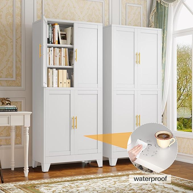 75" H Tall Kitchen Pantry Cabinet, Pantry Storage with Doors and 3 Adjustable Shelves, Metal Storage, Cupboard for Kitchen, White - NeatNest