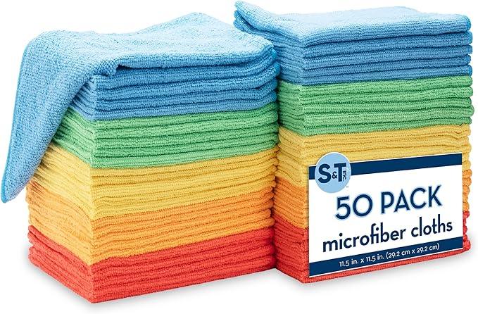 S&T INC. 50 Pack Microfiber Cleaning Cloth, Bulk Towels for Home, Reusable Microfiber Towels for Cars, Cleaning Rags, Assorted, 11.5 Inches x 11.5 Inches, 50 Count - NeatNest