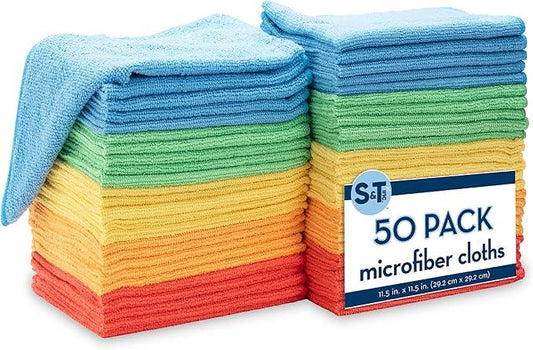 S&T INC. 50 Pack Microfiber Cleaning Cloth, Bulk Towels for Home, Reusable Microfiber Towels for Cars, Cleaning Rags, Assorted, 11.5 Inches x 11.5 Inches, 50 Count - NeatNest