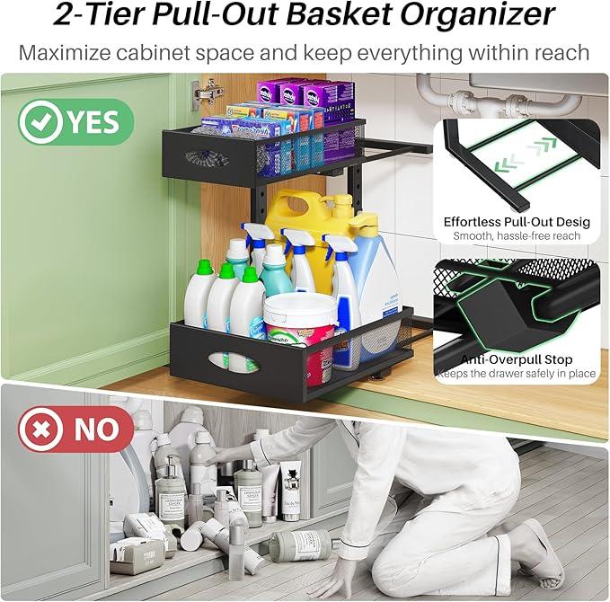Under Sink Organizer, 2-Pack Pull Out Cabinet Organizer 2 Tier Metal Slide Out Storage Shelf Rack, L-Shaped Adjustable Height,Mesh Sliding Drawer for Kitchen, Bathroom, Laundry, Pantry, Black, XL - NeatNest