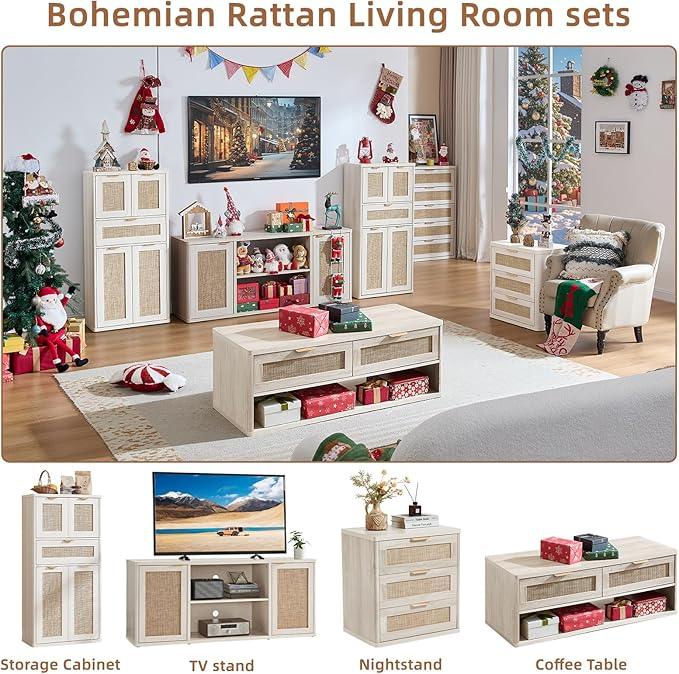 LEYAOYAO 48" Tall Storage Cabinet Set of 2,Rattan Bathroom Floor Cabinets with 2 Doors & 1Drawer,Boho Kitchen Pantry with Adjustable Shelves,Wooden Cupboard for Living Room,Home Office,White Cream Oak - NeatNest