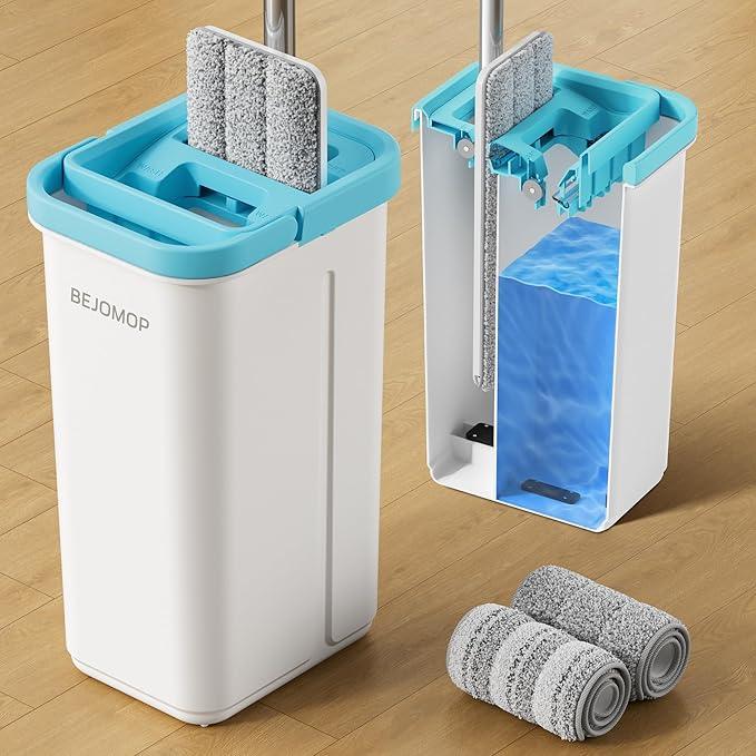 Mop and Bucket Set with Wringer, Turquoise-Cyan Wall Mop Cleaner with Long Handle, Squeeze Flat Mop and Bucket System, Dry & Wet Dust Mop for Household Floor Cleaning with 2 Microfiber Mops - NeatNest