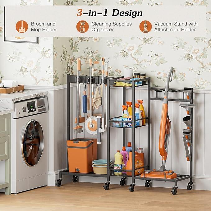 Broom Holder with Cleaning Supplies Organizer, Broom Closet Storage Cabinet with Cleaning Caddy Vacuum Stand, Cleaning Cart with Mop Hanger Gripper Rack Hook, Laundry Room Organization Home Essentials - NeatNest