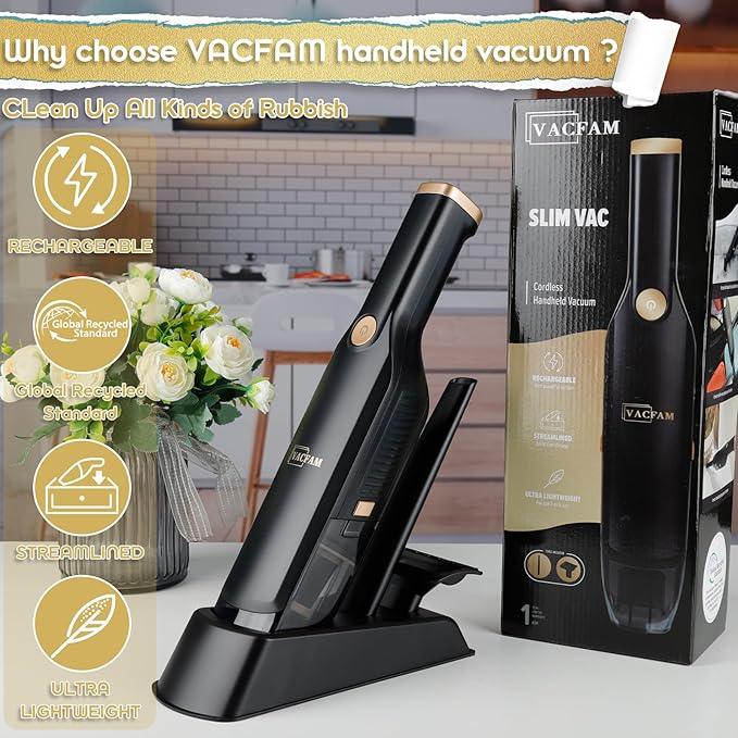 Handheld Vacuum Cordless, 15KPA High Power Suction, USB Quick Charge, Car Vacuum Cleaner with Storage Dock, Lightweight Rechargeable Dust Buster with Crevice Tool & Pet Brush Hand Vac for Home, Black - NeatNest