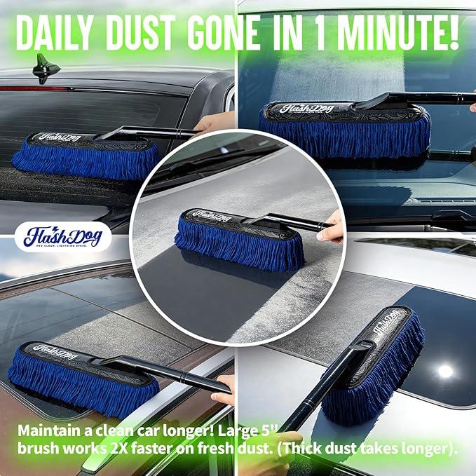 Flash Dog Wood Car Duster & Interior Brush Kit | Scratch-Free Waterless Exterior/Interior Cleaning for Car, SUV, Truck, RV | Waxed Cotton & Microfiber - NeatNest