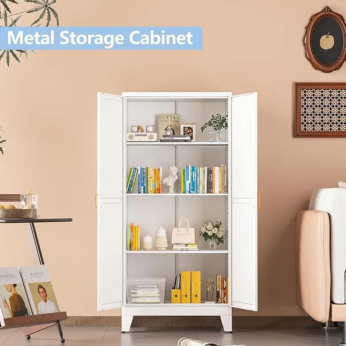 White Metal Storage Cabinet, 48" Steel Cabinets for Home Office, Kitchen Pantry Storage Cabinet with Doors and 3 Adjustable Shelves, for Office, Home, Garage, School - NeatNest
