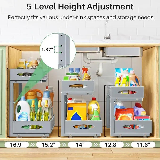 1 Pack Under Sink Organizer, 2 Tier Pull out Cabinet Organizer Mesh Baskets with 5 Adjustable Heights, Sliding Drawers Storage Shelf for Home, Kitchen, Bathroom, Pantry, Office, Countertop ,Grey - NeatNest
