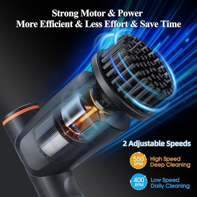 Electric Spin Scrubber, Bathroom Shower Scrubber with LCD Display, 2 Speeds Electric Scrubber for Cleaning with 6 Replaceable Heads, 4-Hour Runtime‌, Cleaning Brush for Kitchen/Car, Gray-Black - NeatNest