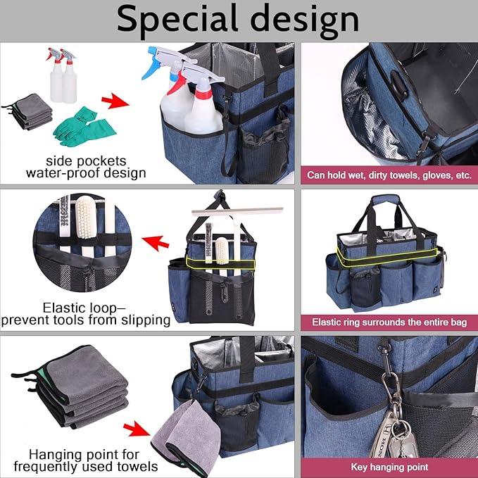 Large Wearable Cleaning Caddy Bag with Detachable Divider, Cleaning Organizer with Handles, Cleaning Supply Tote with Adjustable Shoulder Strap&Waist Belt for Cleaners & Housekeeper (Blue) - NeatNest