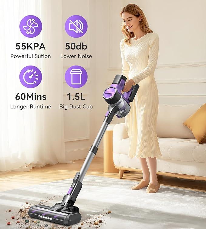 S10 Cordless Vacuum Cleaner, 55Kpa 60mins Lightweight Stick Vacuum with Powerful Suction for Home, Rechargeable, Self-Standing, Handheld Vacuum Cleaners for Hardwood Floors, Carpets, Purple - NeatNest