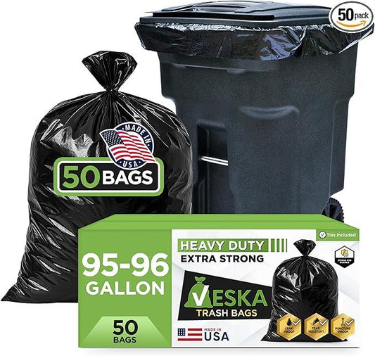 Veska 95-96 Gallon Trash Bags Heavy Duty (Huge 50 Bags W/Ties) 95-96 Gallon Trash Bags Large Black Heavy Duty Can Liners, Large 90-100 Gallon Garbage Can Liners - NeatNest